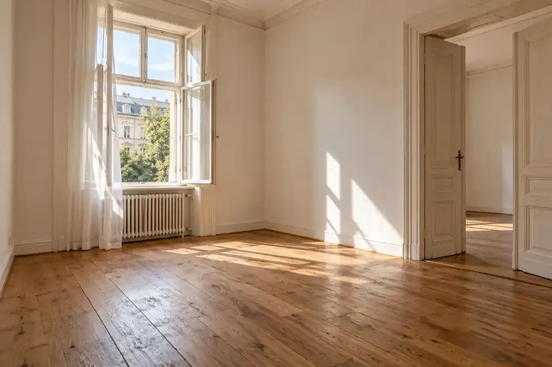 Leerer, frisch gereinigter Altbauraum mit Dielenboden und geöffnetem Fenster