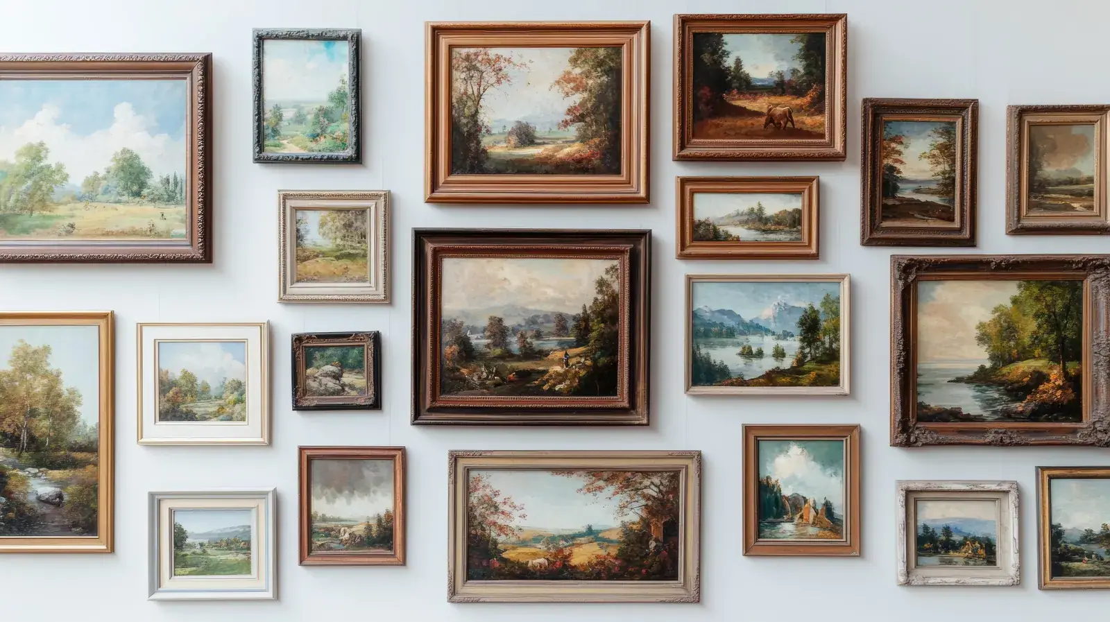 Gerahmte Landschaftsgemälde dicht an dicht an einer Wand