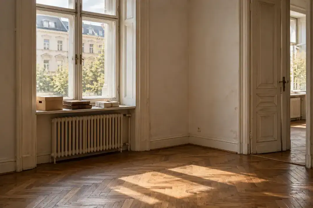 Ruhiger Altbauraum mit Fischgrätparkett, auf der Fensterbank stehen eine Schachtel, Fotoalben und ein Bündel Briefe bereit