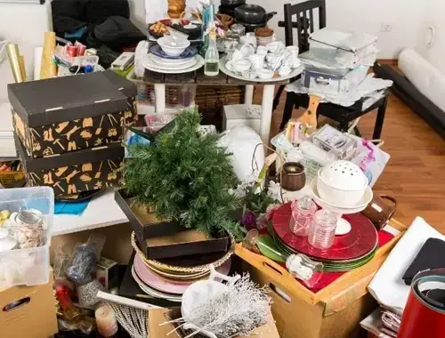 Wohnzimmer voller Kartons, Geschirr und Hausrat vor der Räumung